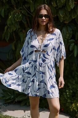 nwt by ANTHROPOLOGIE sz L Keyhole Tiered Babydoll dress in white and blue